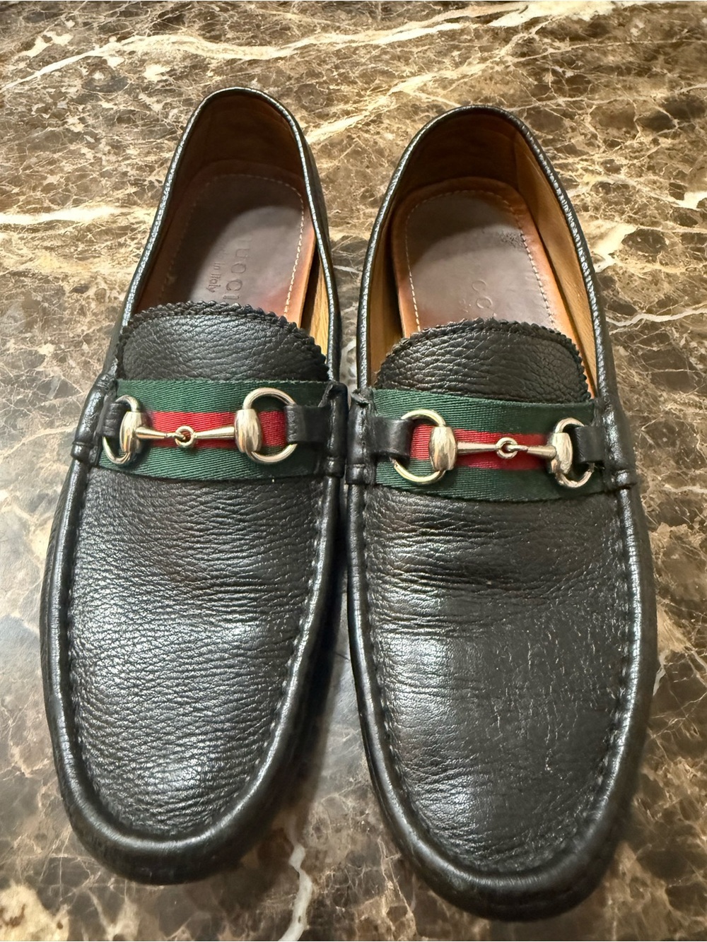 Gucci Black Leather Men’s Loafers with Green and Red Web & Gold Horsebit